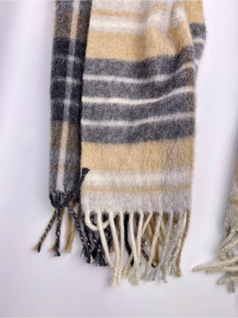 Talbots 100% Cashmere Plaid Scarf Beige Gray Blue Fringe 71”